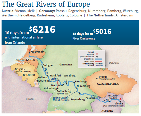 Map showing route of Grand European River Cruise